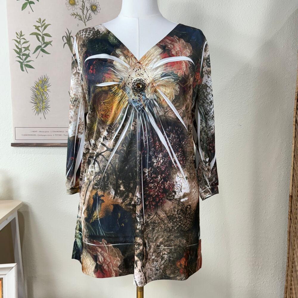 Y2k Embellished Rhinestone Graphic Tunic Top Whimsigoth Fairy Grunge Forest 1X